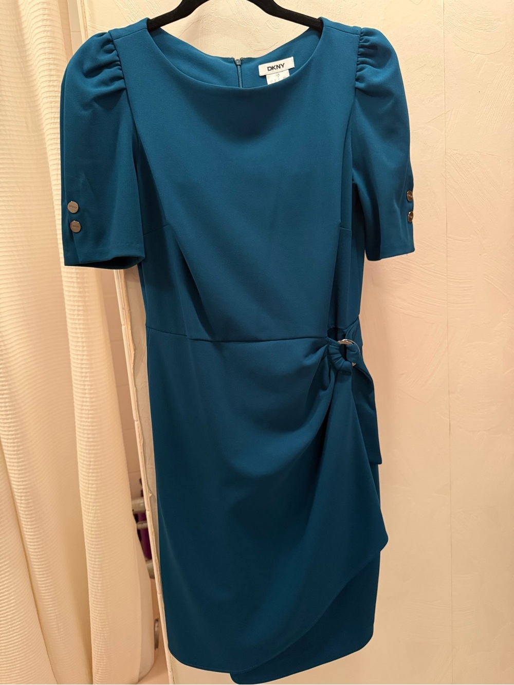 Darling DKNY Teal Sheath Dress with Side Cinch Knot and Puff Sleeves